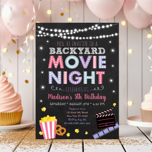 Girl Pink Backyard Movie Night Birthday Kaart