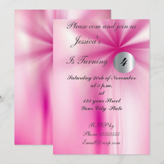 Girl Pink Birthday Party Invitation Kaart (Voorkant / Achterkant)