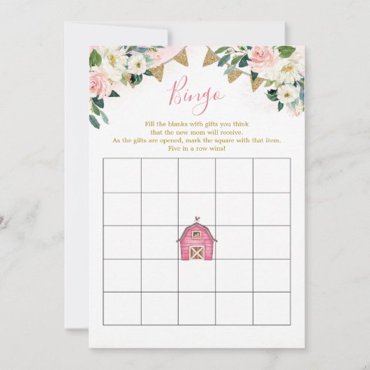 Girl Pink Boerderij Baby shower Bingo Game Kaart (Voorkant)
