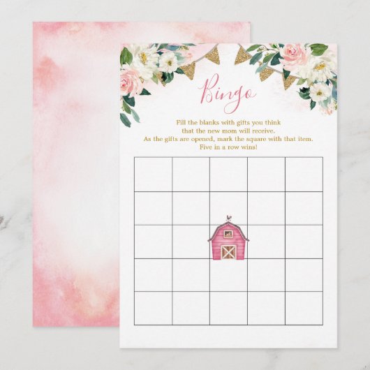 Girl Pink Boerderij Baby shower Bingo Game Kaart (Voorkant / Achterkant)