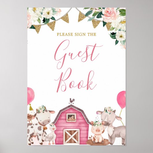 Girl Pink Boerderij Baby shower Carousel Guest Boo Poster (Voorkant)