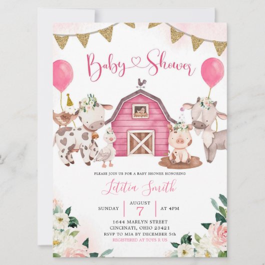 Girl Pink Boerderij Baby shower Kaart (Voorkant)