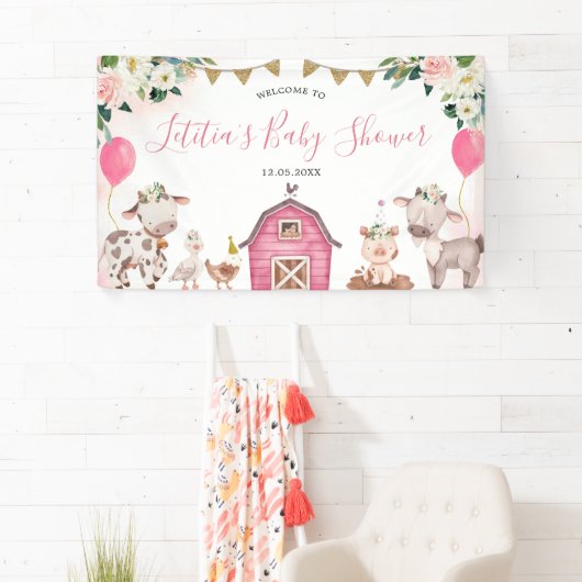 Girl Pink Boerderij Baby shower Large Banner Sign (Insitu)