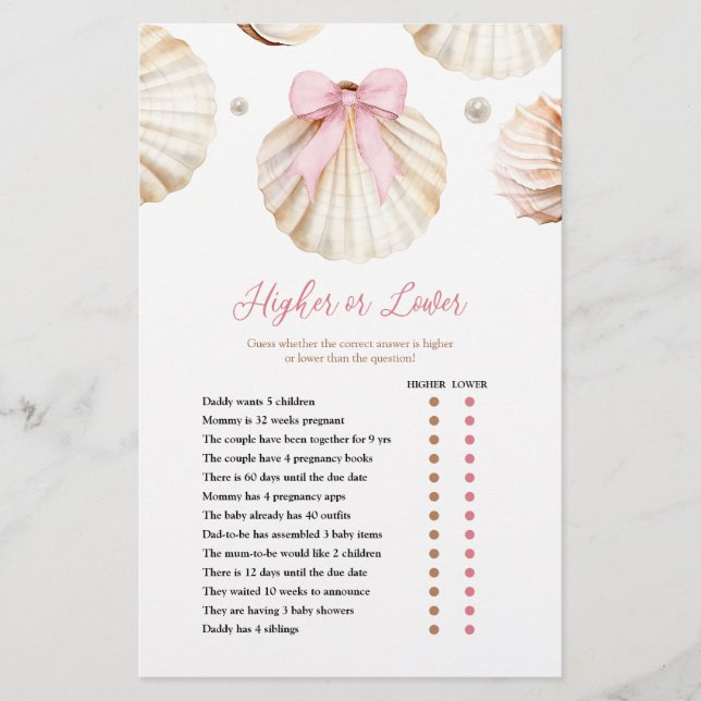 Girl Pink Bow Shell Baby Shower Higher or Lower  (Voorkant)