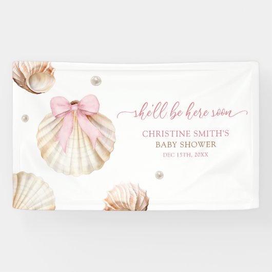 Girl Pink Bow Shell Baby Shower Large Banner (Horizontaal)