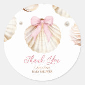 Girl Pink Bow Shell Baby Shower Thank You Sticker, Ronde Sticker (Voorkant)