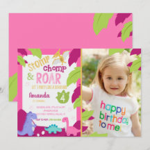 Girl Pink Dinosaur Birthday-uitnodiging met foto