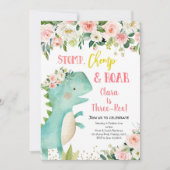 Girl Pink Dinosaur Three-Rex Birthday Invitation Kaart (Voorkant)