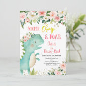 Girl Pink Dinosaur Three-Rex Birthday Invitation Kaart (Staand voorkant)