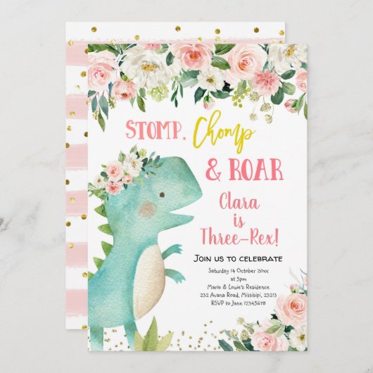 Girl Pink Dinosaur Three-Rex Birthday Invitation Kaart (Voorkant / Achterkant)