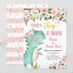 Girl Pink Dinosaur Three-Rex Birthday Invitation Kaart