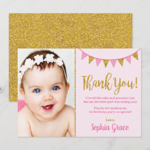 Girl Pink en Gold 1e verjaardag Hartelijk dank Kaart
