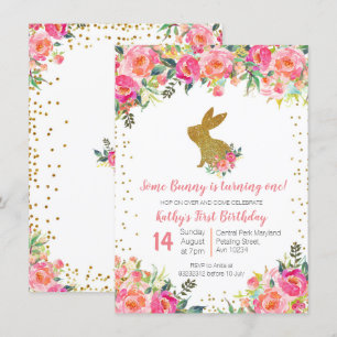 Girl Pink en Gold Bunny Birthday Floral Kaart