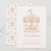 Girl Pink Fairytale Merry-Go-Round Birthday Party Kaart (Voorkant / Achterkant)