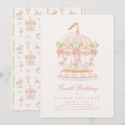 Girl Pink Fairytale Merry-Go-Round Birthday Party Kaart (Voorkant / Achterkant)