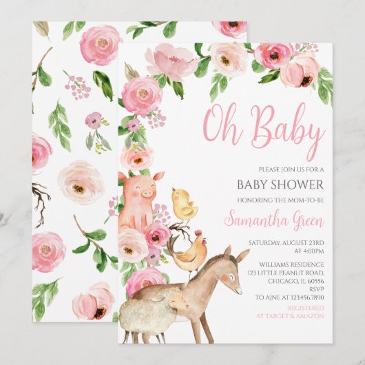 Girl Pink Farm Baby Shower Kaart (Voorkant / Achterkant)