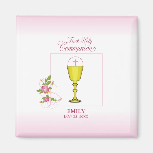 Girl Pink First Heilige Communie, Chalice, Host, R Magneet (Voorkant)