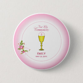 Girl Pink First Heilige Communie, Chalice, Host, R Ronde Button 5,7 Cm