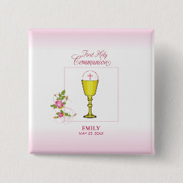Girl Pink First Heilige Communie, Chalice, Host, R Vierkante Button 5,1 Cm