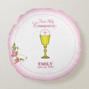 Girl Pink First Holy Communtion, Chalice, Host, Ro Rond Kussen