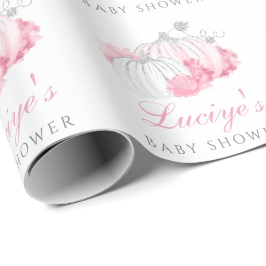 Girl Pink Glitter Pumpkin Gepersonaliseerd Baby sh Cadeaupapier (Rol Hoek)