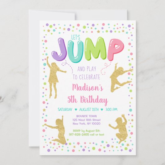 Girl Pink Gold Rainbow Jump Bounce Birthday Kaart (Voorkant)