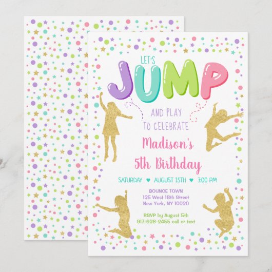 Girl Pink Gold Rainbow Jump Bounce Birthday Kaart (Voorkant / Achterkant)
