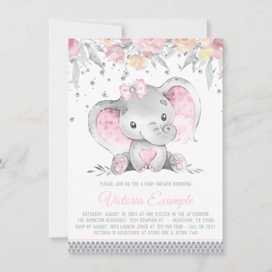 Girl Pink Grey Elephant Diamond Baby shower Kaart (Voorkant)