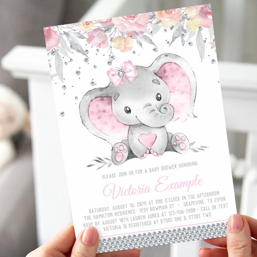 Girl Pink Grey Elephant Diamond Baby shower Kaart