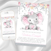 Girl Pink Grey Elephant Diamond Baby shower Kaart