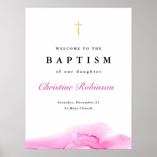 Girl Pink Ink Christening Baptism Welkom Poster (Voorkant)