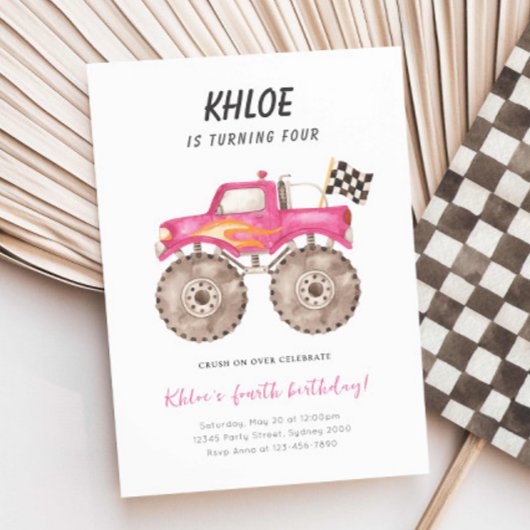 Girl Pink Monster Truck Bash Any Age Birthday Kaart