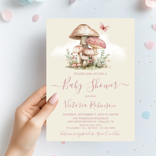 Girl Pink Mushroom Butterfly Baby shower Kaart