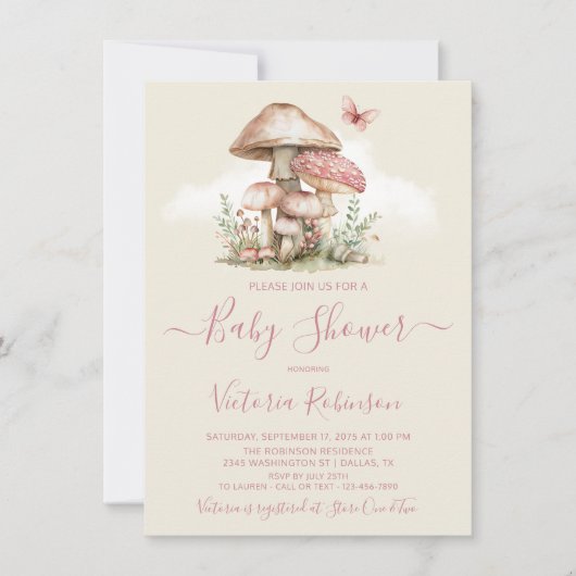 Girl Pink Mushroom Butterfly Baby shower Kaart (Voorkant)