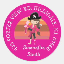 Girl Pink Parrot Pirate Party ADDRESS Classic Ro Ronde Sticker