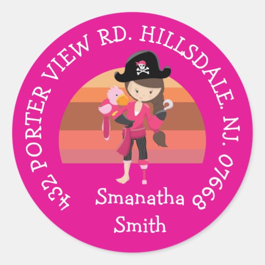Girl Pink Parrot Pirate Party ADDRESS Classic Ro Ronde Sticker (Voorkant)