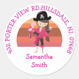 Girl Pink Parrot Pirate Party ADDRESS Classic Roun Ronde Sticker