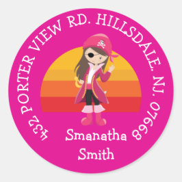 Girl Pink Pirate Party ADDRESS Ronde Sticker