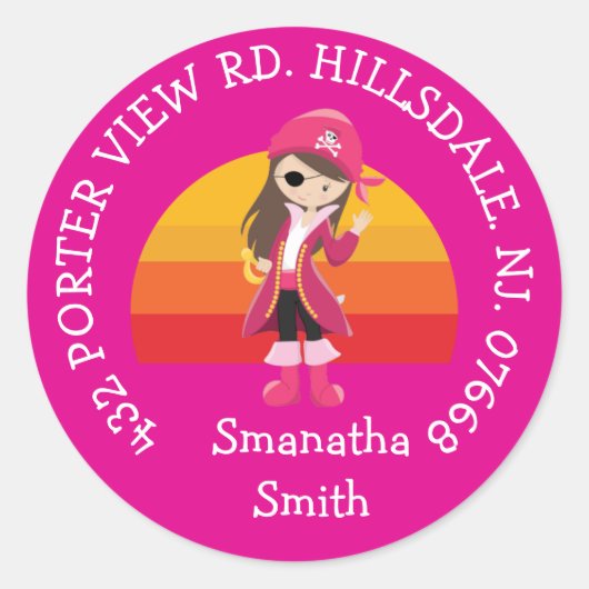 Girl Pink Pirate Party ADDRESS Ronde Sticker (Voorkant)