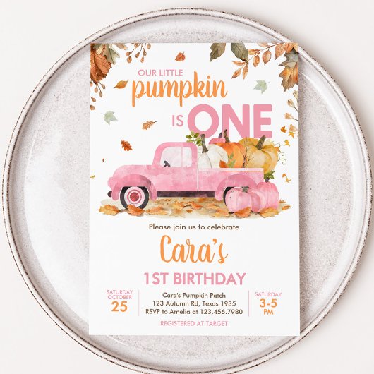 Girl Pink Pumpkin Truck Fall Birthday  Kaart