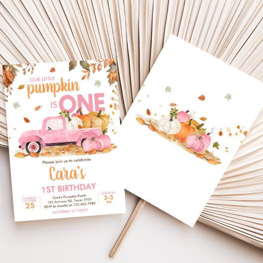 Girl Pink Pumpkin Truck Fall Birthday  Kaart