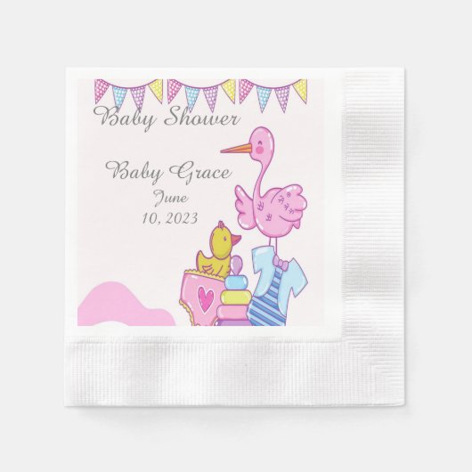 Girl Pink Stork Baby shower Paper Coined Napkin Servet (Voorkant)