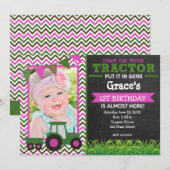 Girl Pink Tractor Birthday Party Invitation Kaart (Voorkant / Achterkant)