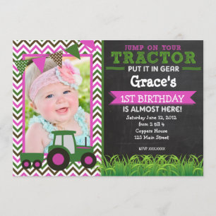 Girl Pink Tractor Birthday Party Invitation Kaart