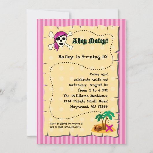 Girl Pirate Birthday Invitation Kaart (Voorkant)