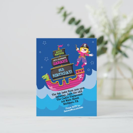 Girl Pirate Dragon Ship Birthday Party Invitation Kaart (Staand voorkant)