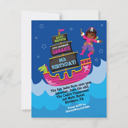 Girl Pirate Dragon Ship Birthday Party Invitation Kaart (Voorkant)
