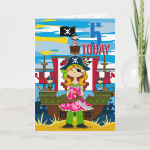Girl Pirate Ship Scene 5th Birthday Card Kaart
