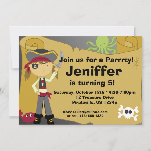 Girl Pirate Treasure Map Birthday Party Invitation Kaart (Voorkant)