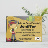 Girl Pirate Treasure Map Birthday Party Invitation Kaart (Staand voorkant)